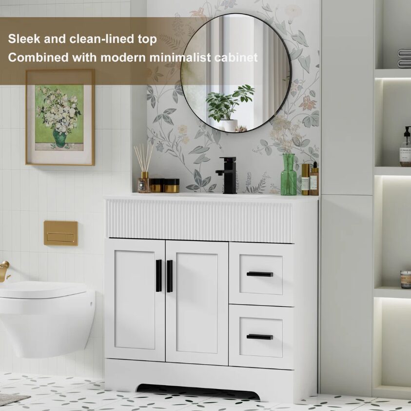 Modern White Bathroom Vanity with Soft Close Drawers & Doors