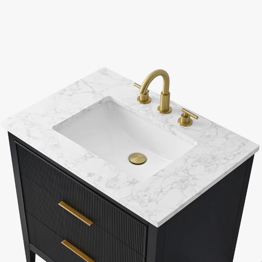 Modern Fluted Bathroom Vanity with Gold Handles & Marble Top