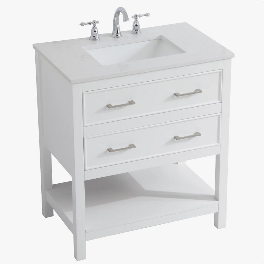 White Open Shelf Bathroom Vanity with White Quartz Countertop