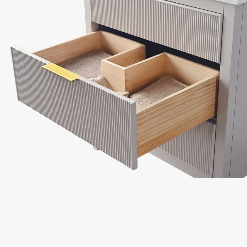 9 Soft Grey Reeded Bath Vanity with Brushed Gold Pull Handles