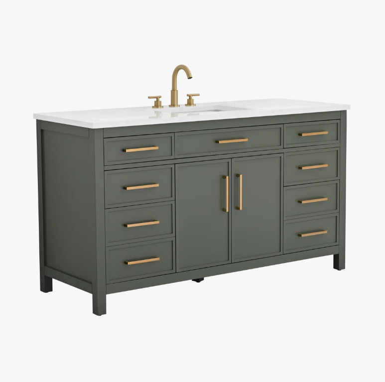 60" Muted Green Wood Single Vanity for Contemporary & Farmhouse Master Bath Remodel