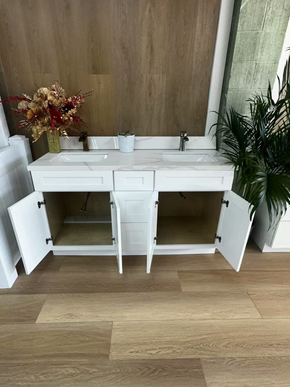 60" White Shaker Double Sink Bathroom Vanity Base Cabinet