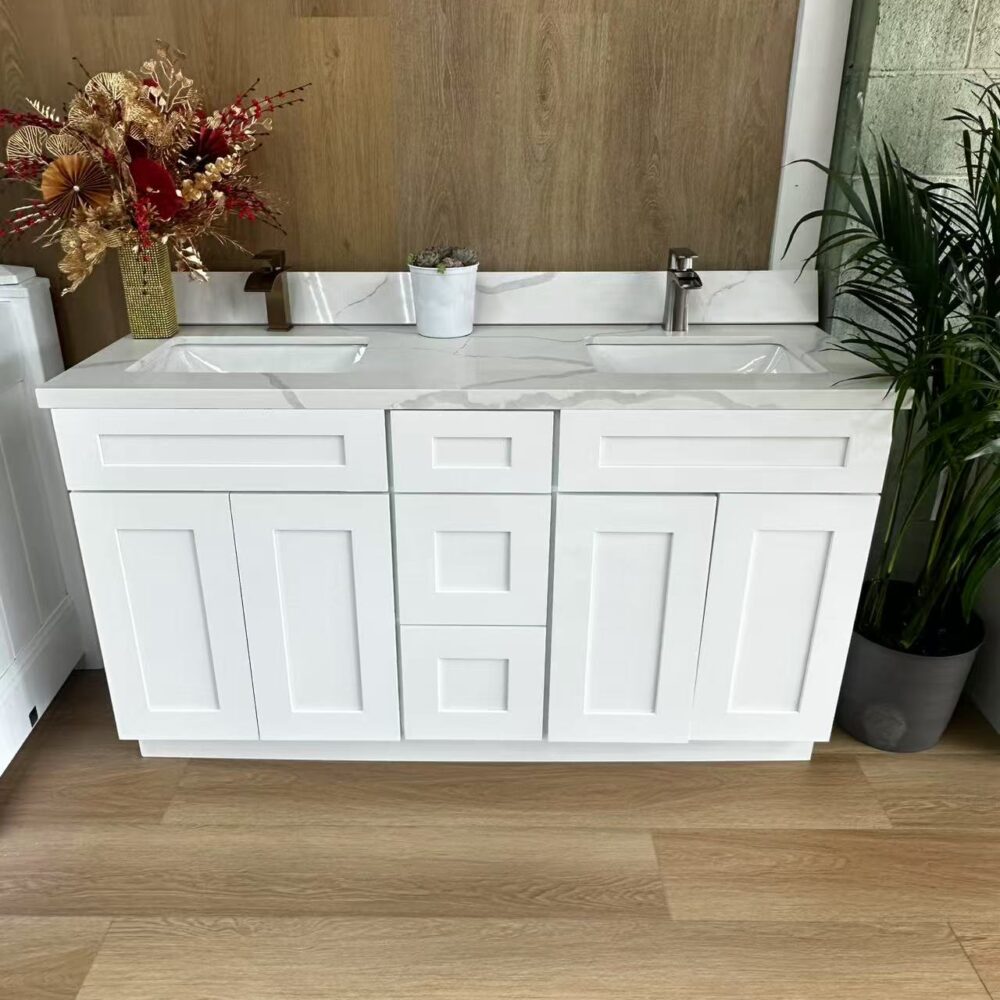 60" White Shaker Double Sink Bathroom Vanity Base Cabinet