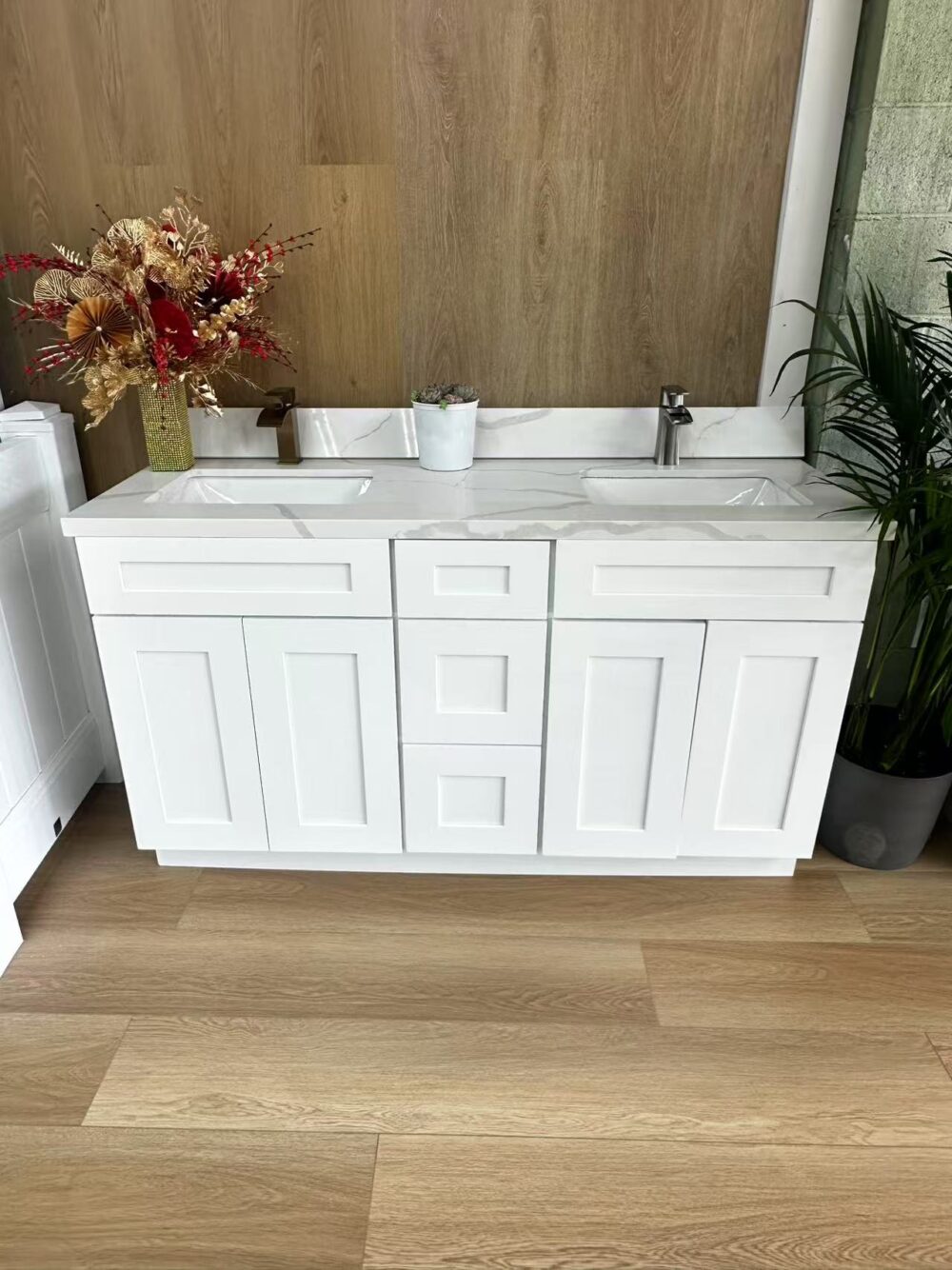 60" White Shaker Double Sink Bathroom Vanity Base Cabinet