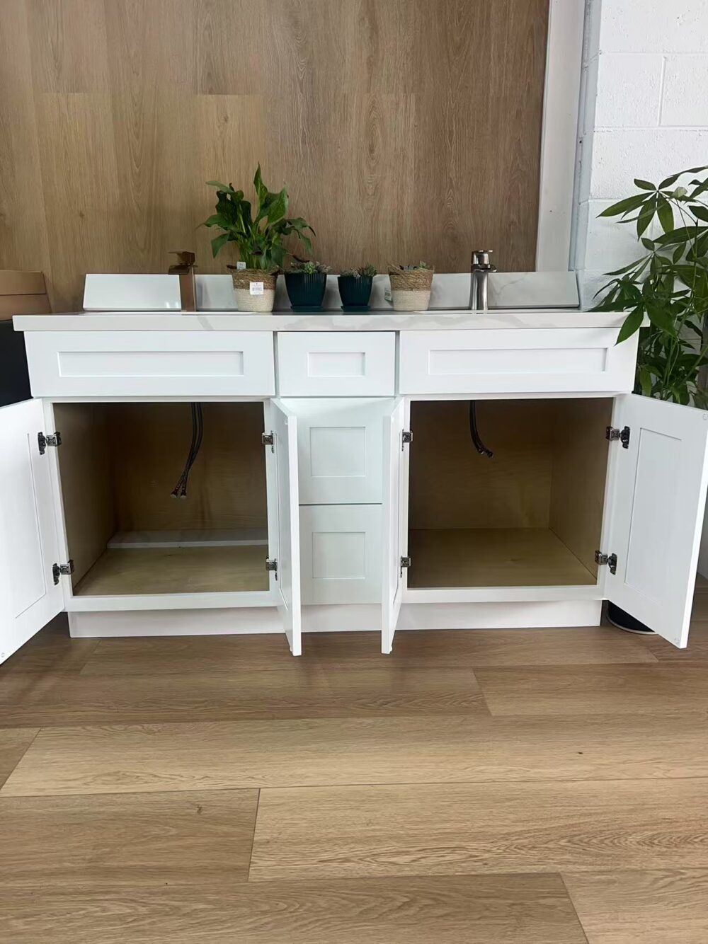 60" White Shaker Double Sink Bathroom Vanity Base Cabinet