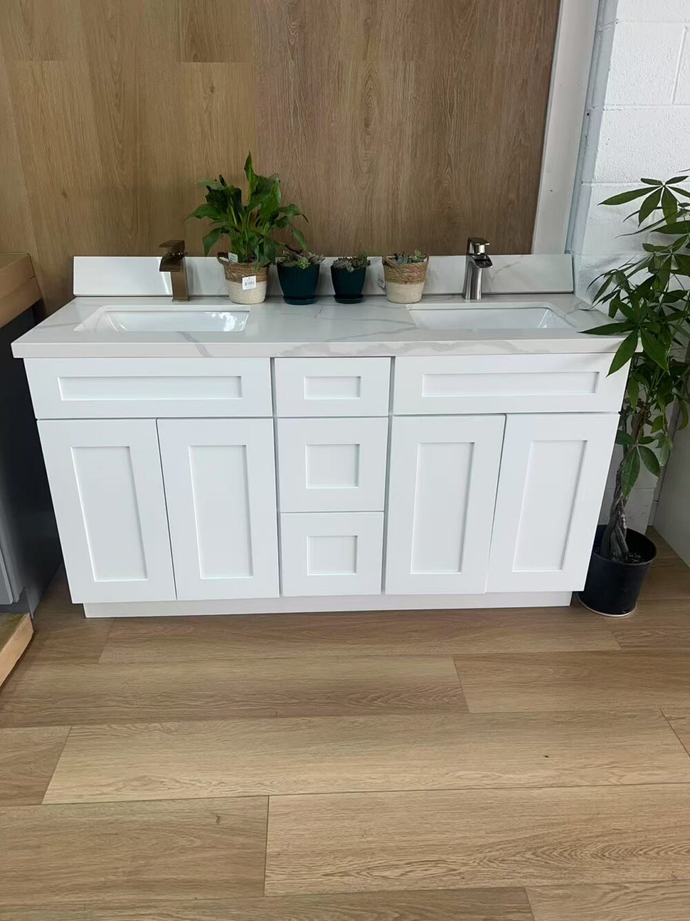 60" White Shaker Double Sink Bathroom Vanity Base Cabinet