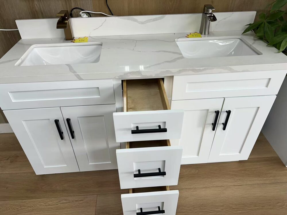 60" White Shaker Double Sink Bathroom Vanity Base Cabinet