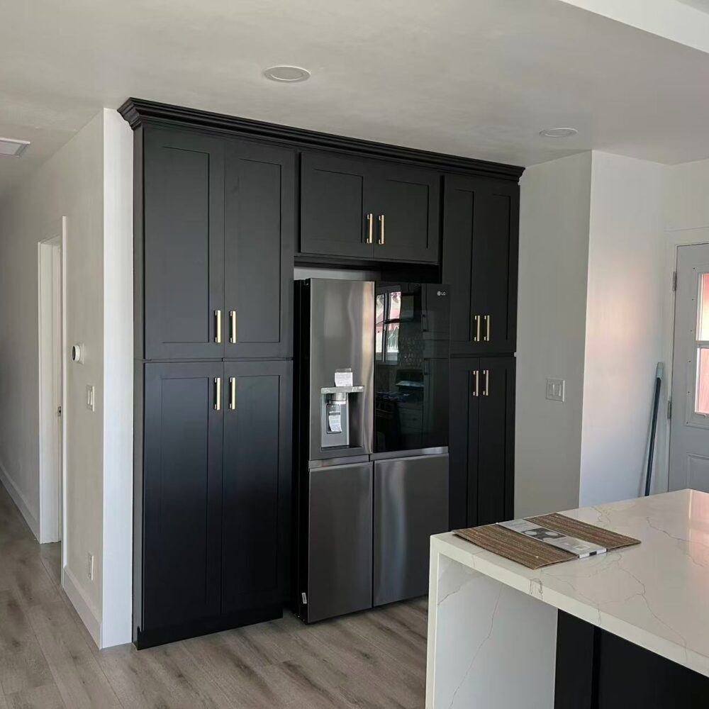 24" Matte Black Shaker Tall Pantry Cabinet with Soft Close Doors & Gold Pulls