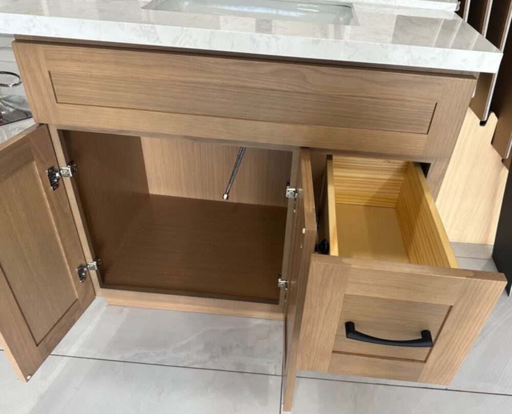 Weixin Screenshot_20250714171312 36 Inch Natural Oak Shaker Single Sink Bathroom Vanity Carrara Quartz Top Matte Black Hardware