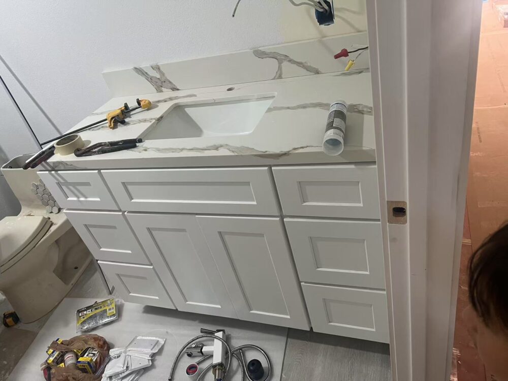 Transitional Single Sink Bathroom Vanity White Shaker Cabinet Marble Look Quartz Counter