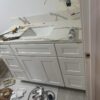 Transitional Single Sink Bathroom Vanity White Shaker Cabinet Marble Look Quartz Counter