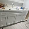 Transitional Single Sink Bathroom Vanity White Shaker Cabinet Marble Look Quartz Counter