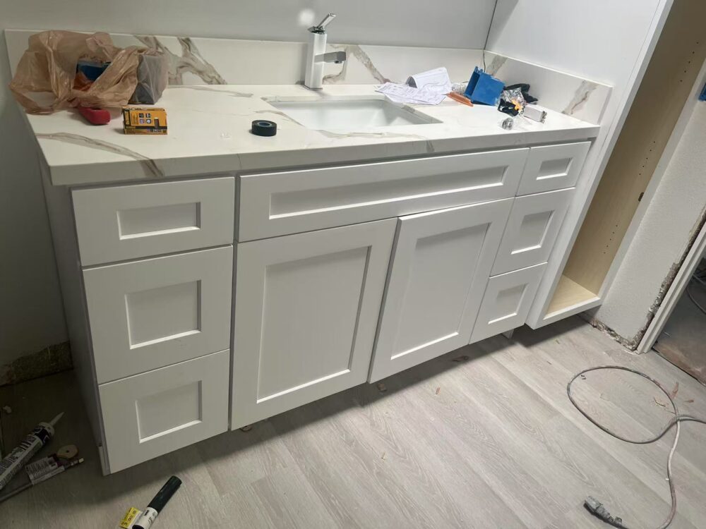 Transitional Single Sink Bathroom Vanity White Shaker Cabinet Marble Look Quartz Counter