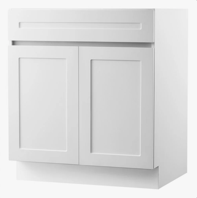 1 Classic Shaker Style White Vanity Base Cabinet for Custom Countertop Bathroom Renovation