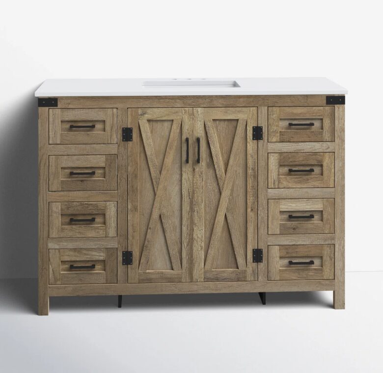 Rustic Barn Door Bathroom Vanity Cabinet with Drawer Storage & Quartz Top