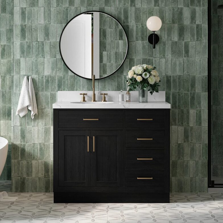 Contemporary Black Wood Vanity Base with Dovetail Drawers for Bathroom Renovation