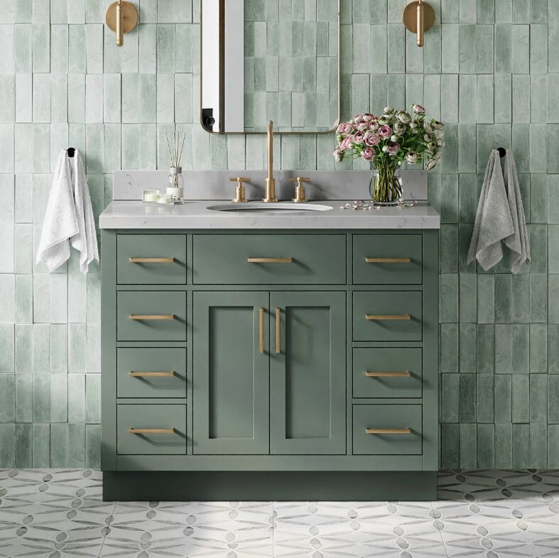 1 Modern Sage Green Vanity Base with Dovetail Drawers for Farmhouse & Coastal Bath Renovation