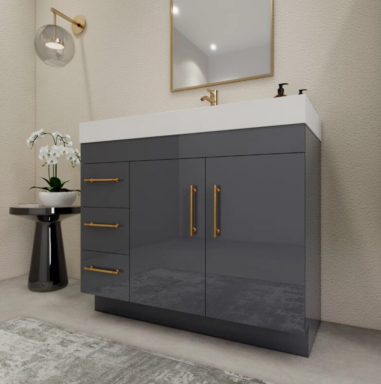 1 Luxury Dark Grey Gloss Vanity Cabinet with Soft-Close Storage for Modern Bathroom Renovation