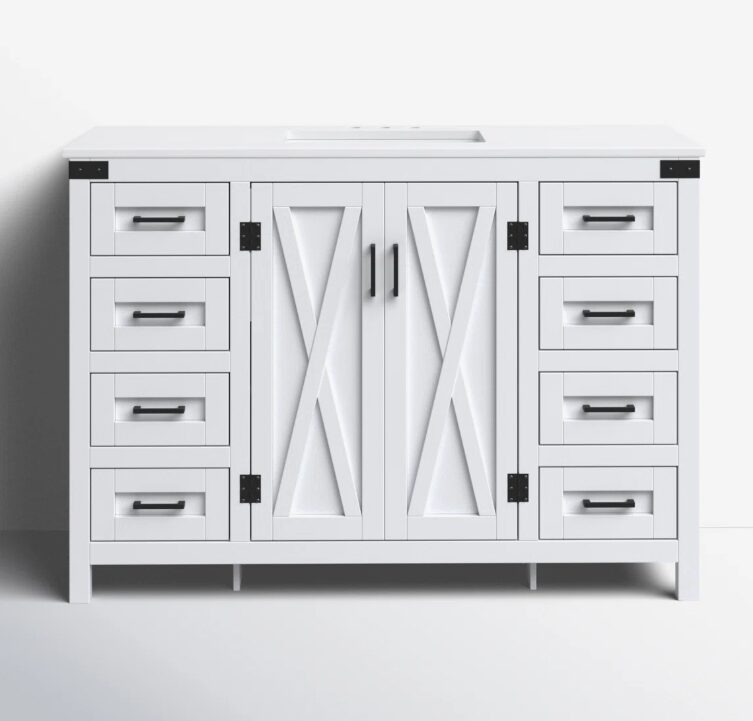 All-White Farmhouse Vanity with 8 Drawers for Spacious Organized Bathroom Storage