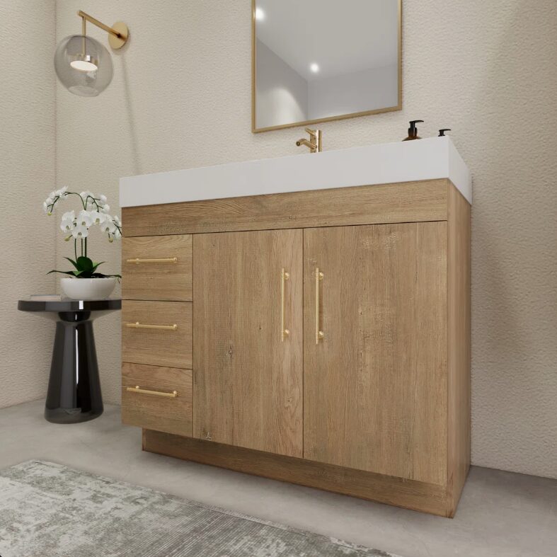 Farmhouse Oak Vanity Cabinet with Soft-Close Storage for Scandinavian & Rustic Bathroom Renovation