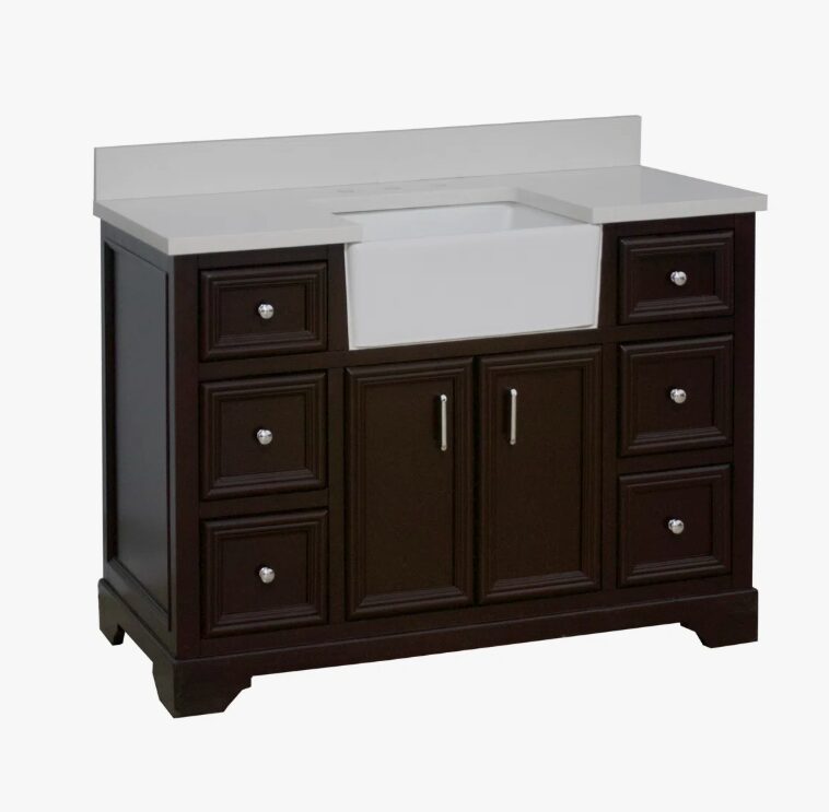 Traditional Dark Brown Apron Front Vanity with Massive Storage for Farmhouse Bathroom Renovation