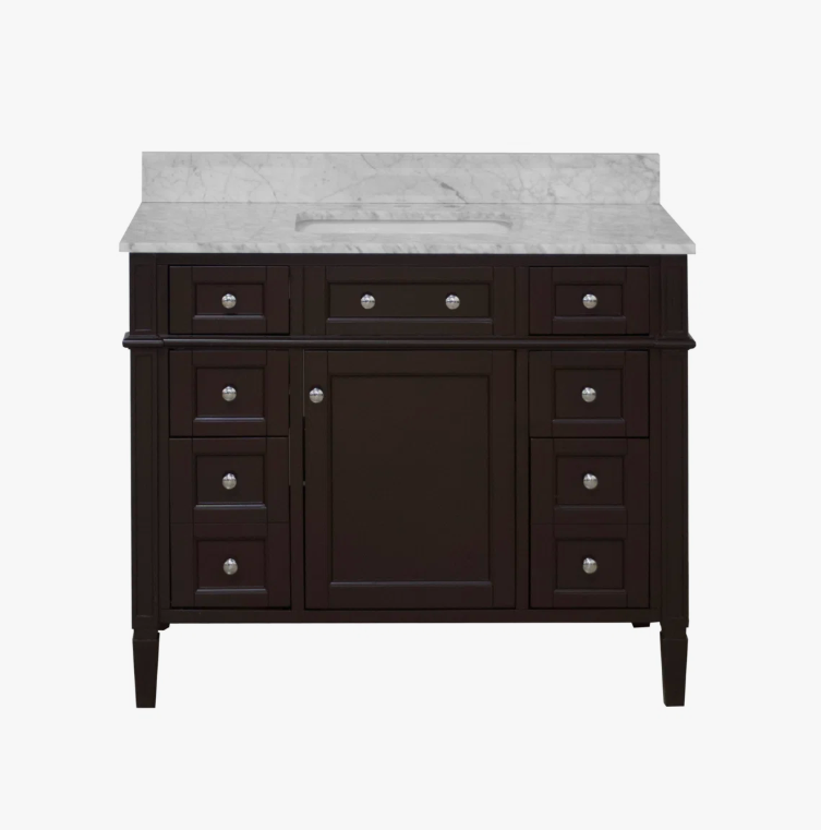 Classic Espresso Solid Wood Vanity Cabinet with Carrara Marble Top for Vintage & Farmhouse Bath Remodel