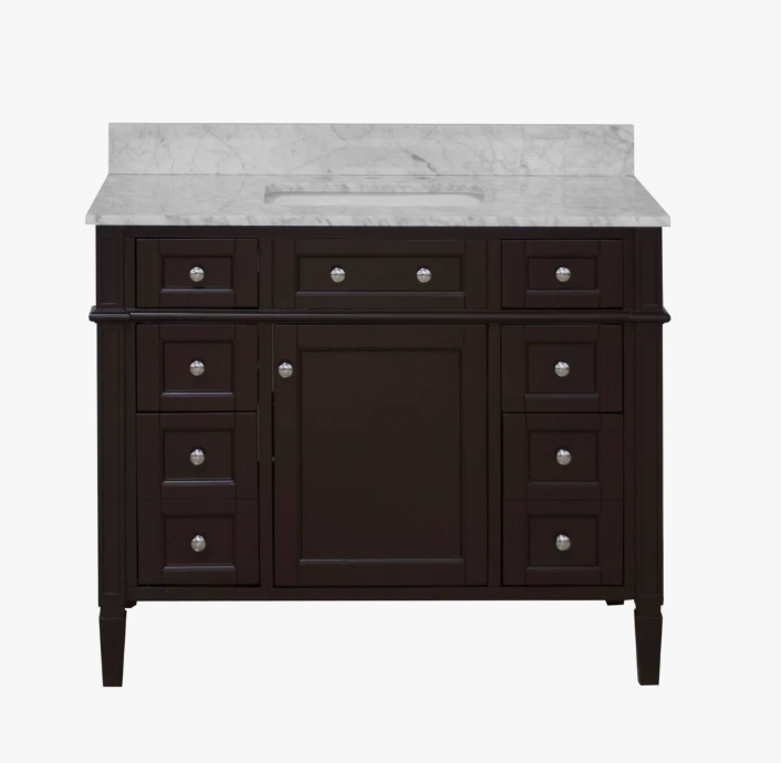 Classic Espresso Wooden Vanity Cabinet with Carrara Marble Top for Farmhouse & Transitional Bath Renovation