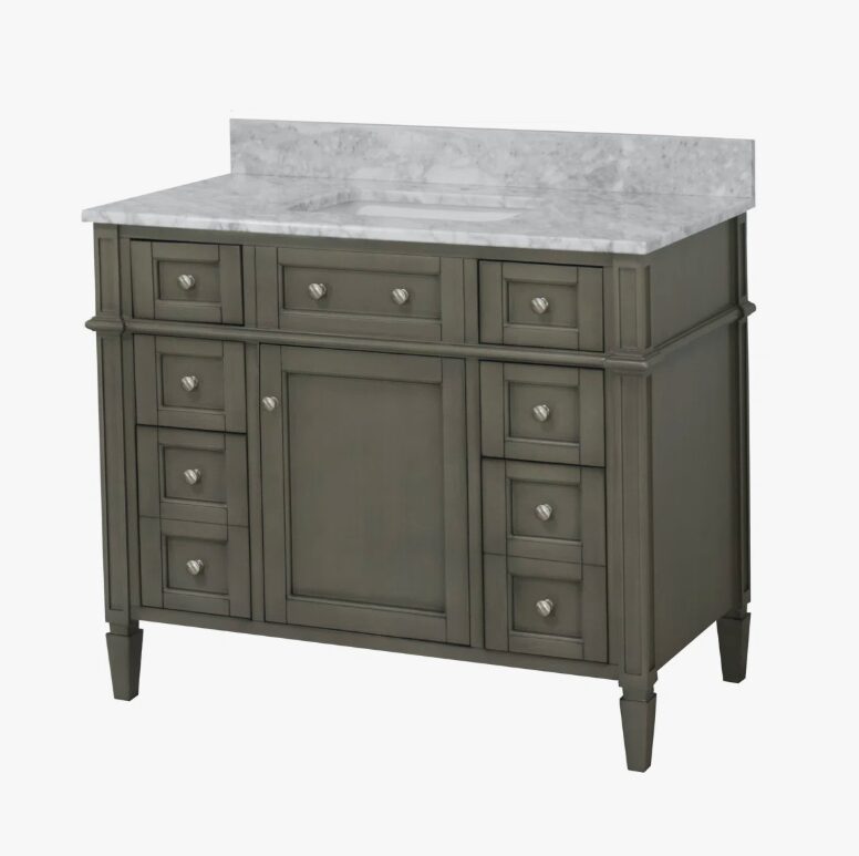 Neutral Grey Wooden Vanity Cabinet with Carrara Marble Top for Transitional & Farmhouse Bath Remodel