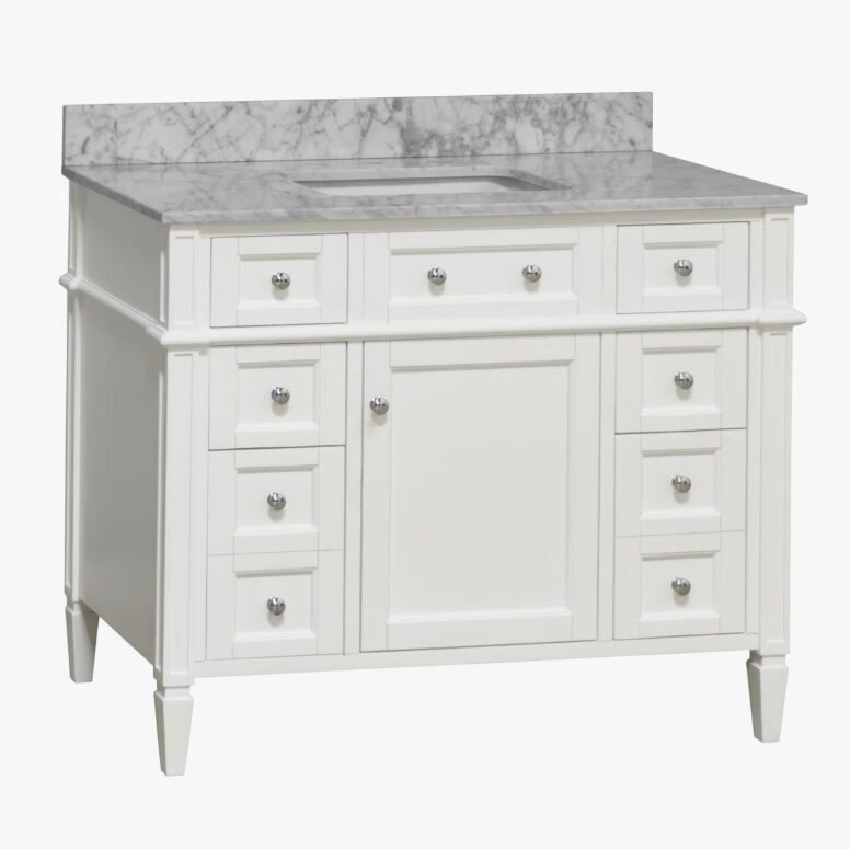 1 Classic White Wooden Vanity Cabinet with Carrara Marble Top for Farmhouse & Transitional Bath Remodel