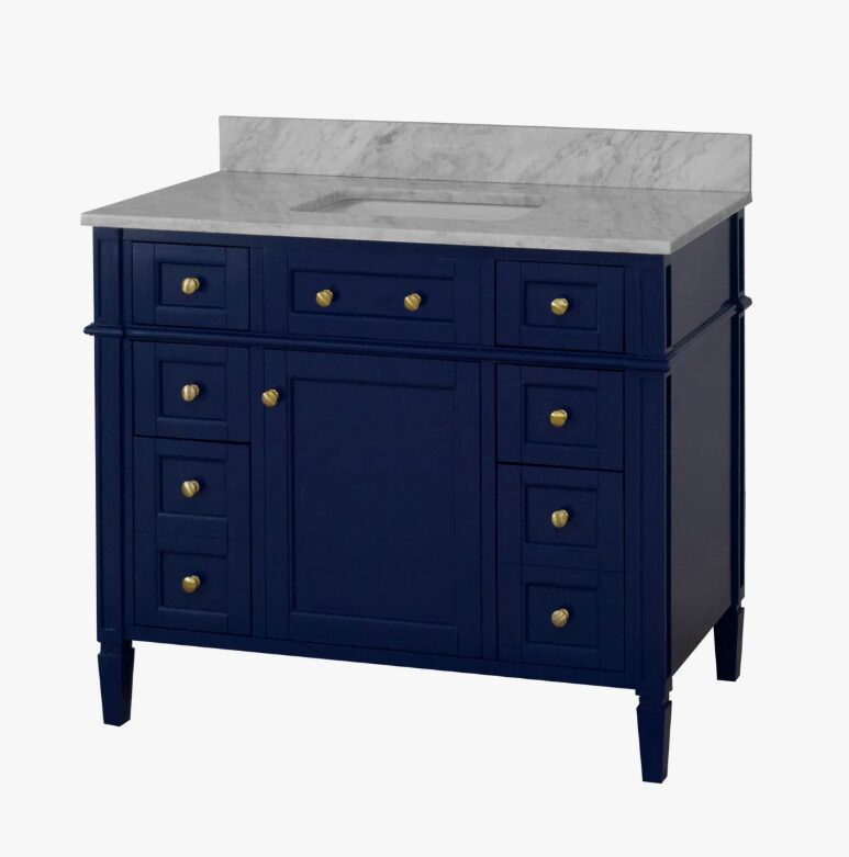 1 Modern Navy Wooden Vanity Cabinet with Carrara Marble Top for Transitional & Farmhouse Bath Remodel