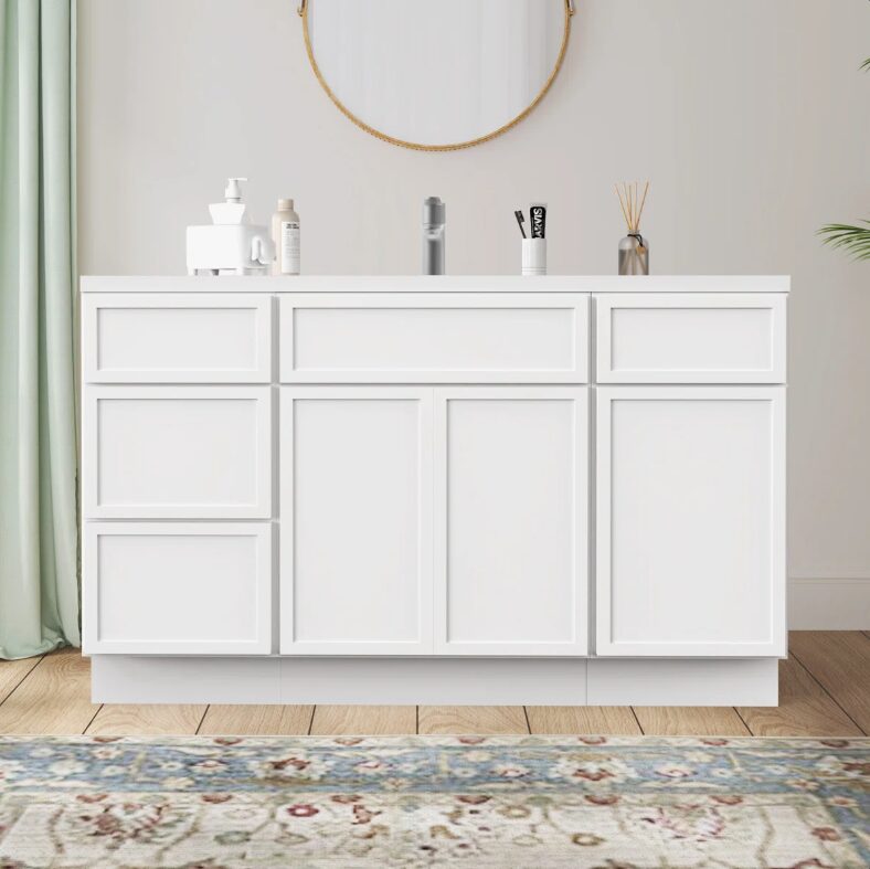 1 Bright White Double Sink Vanity Base Cabinet with Full Soft-Close Storage for Master Bath Renovation