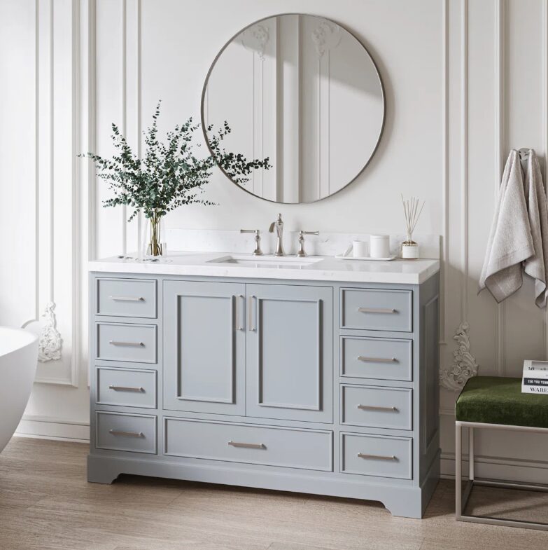 1 Spacious Light Gray Bathroom Vanity with Brushed Nickel Hardware & Massive Soft-Close Storage