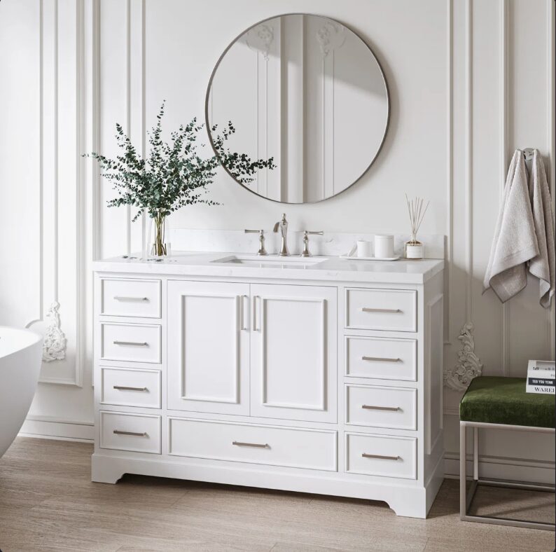 Bright White Bathroom Vanity Cabinet with Large Soft-Close Storage & Nickel Pulls for Master Bath