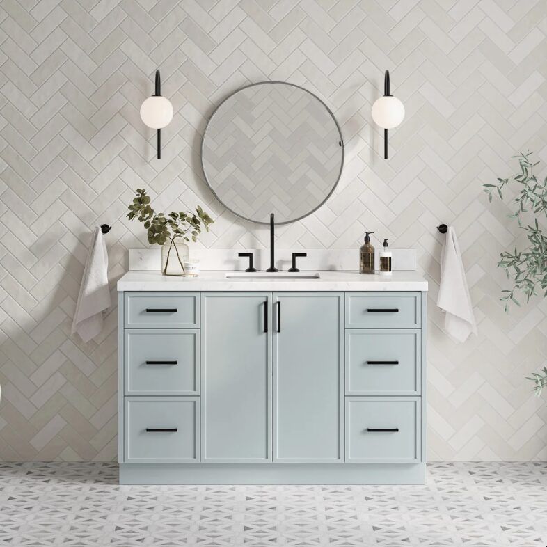 Modern Light Gray Bathroom Vanity with Black Pulls & Multi Compartment Soft-Close Storage