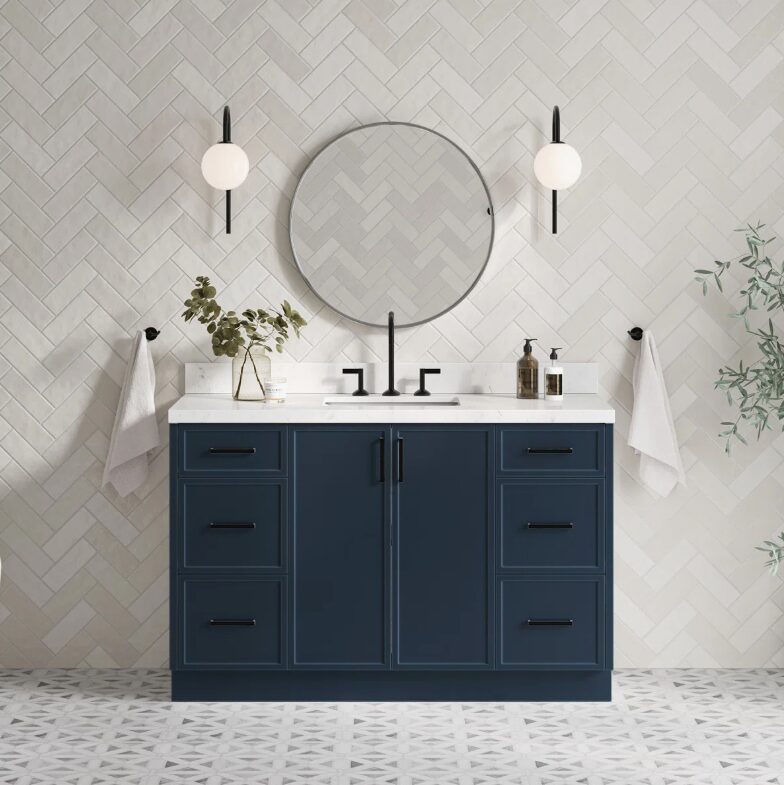 Modern Navy Bathroom Vanity Cabinet with Black Pulls & Spacious Soft-Close Storage