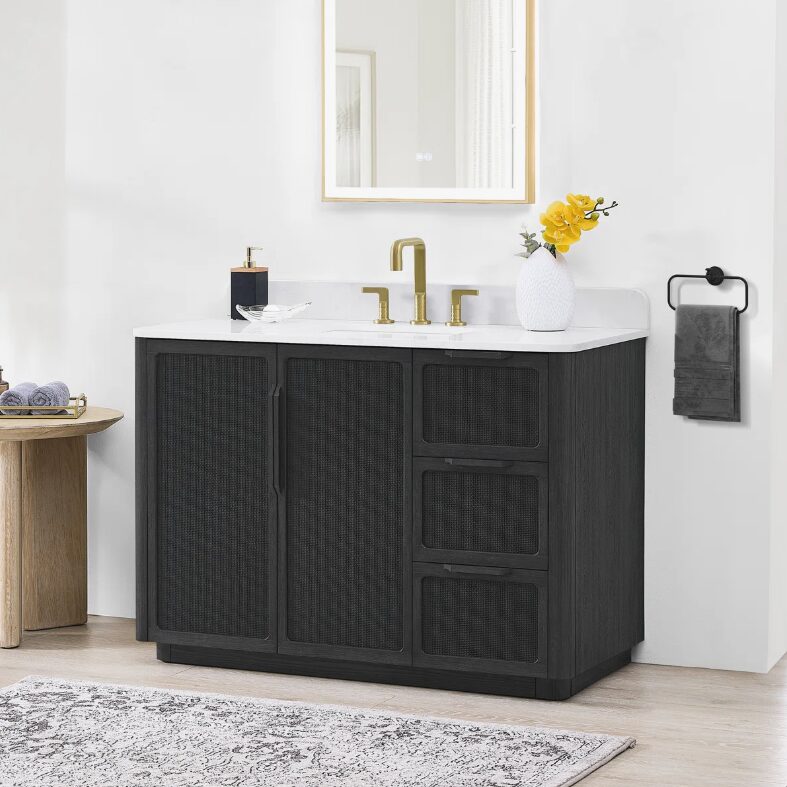 48" Black Rattan Complete Bathroom Vanity Set with Quartz Countertop