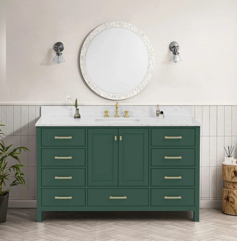 Luxury Dark Green Bathroom Vanity with Gold Pulls & Massive Soft-Close Storage