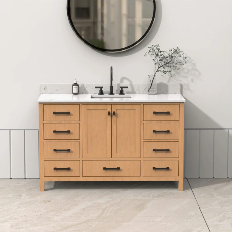 1 Warm Oak Bathroom Vanity Cabinet with Black Pulls & Large Symmetric Soft-Close Storage