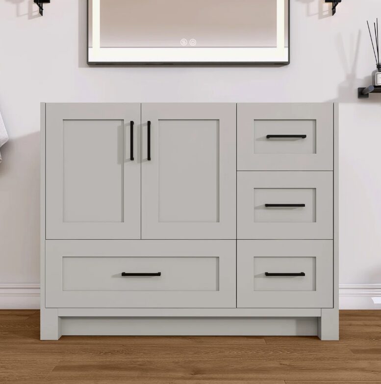 Neutral Light Grey Shaker Vanity Cabinet Base with Soft Close Storage for Modern & Farmhouse Bath Remodel