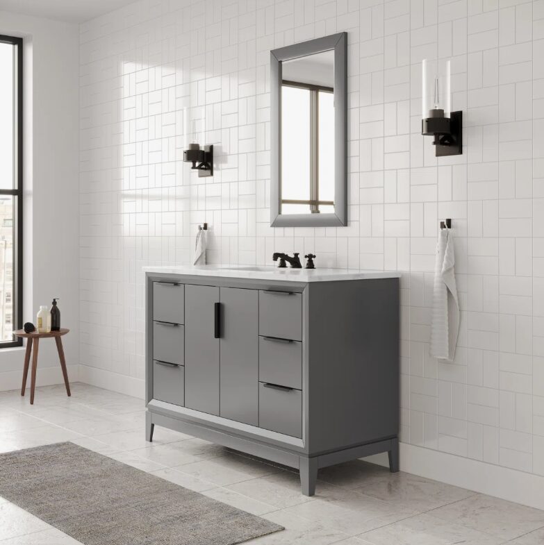 1 Sleek Gray Freestanding Bathroom Vanity with Large Soft-Close Storage & Marble Countertop
