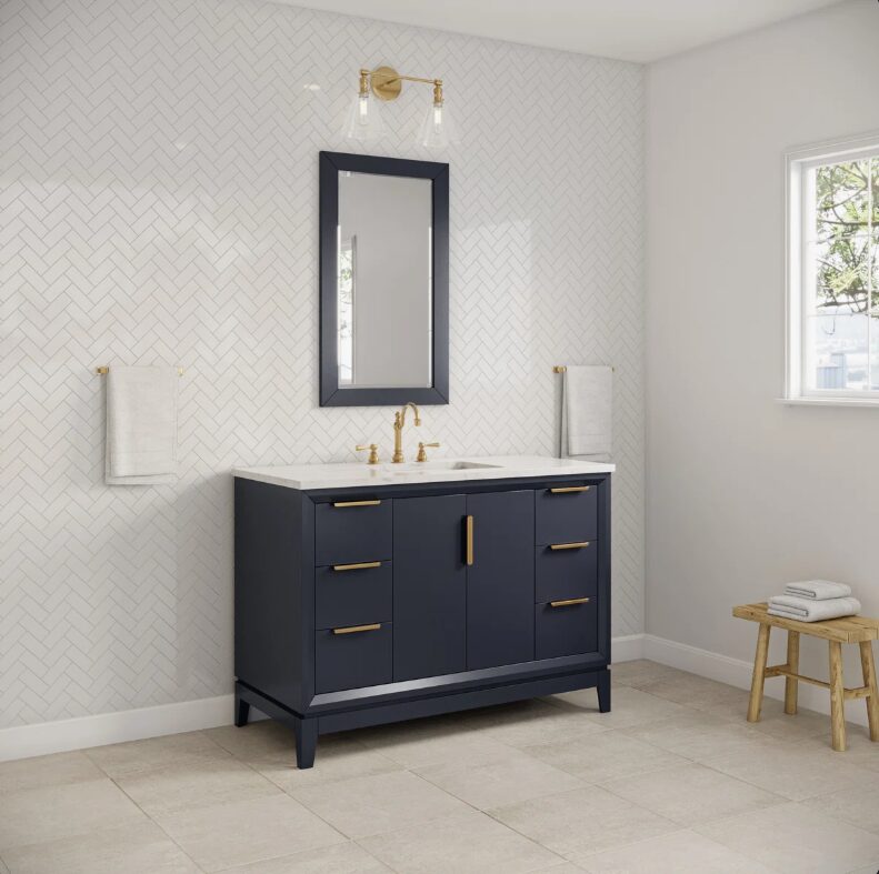 1 Elegant Navy Bathroom Vanity with Gold Hardware, Large Soft-Close Storage & Marble Top