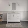 1 Minimalist White Bathroom Vanity with Silver Hardware, Spacious Soft-Close Storage & Marble Top