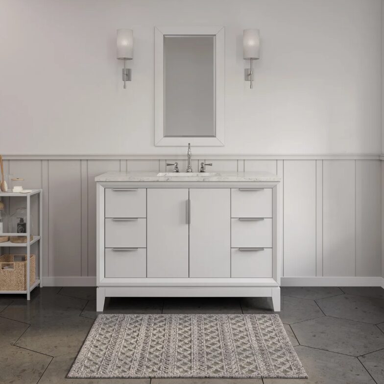 1 Minimalist White Bathroom Vanity with Silver Hardware, Spacious Soft-Close Storage & Marble Top
