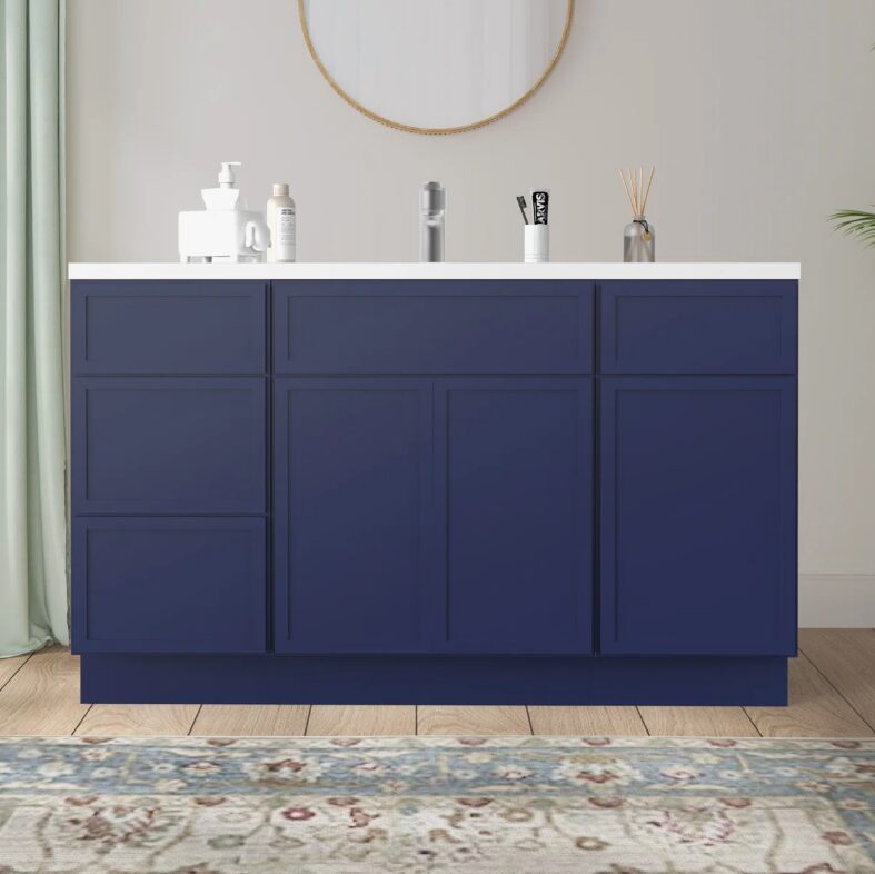 Spacious Navy Double Sink Vanity Base Cabinet with Full Soft-Close Storage for Master Bath Remodel