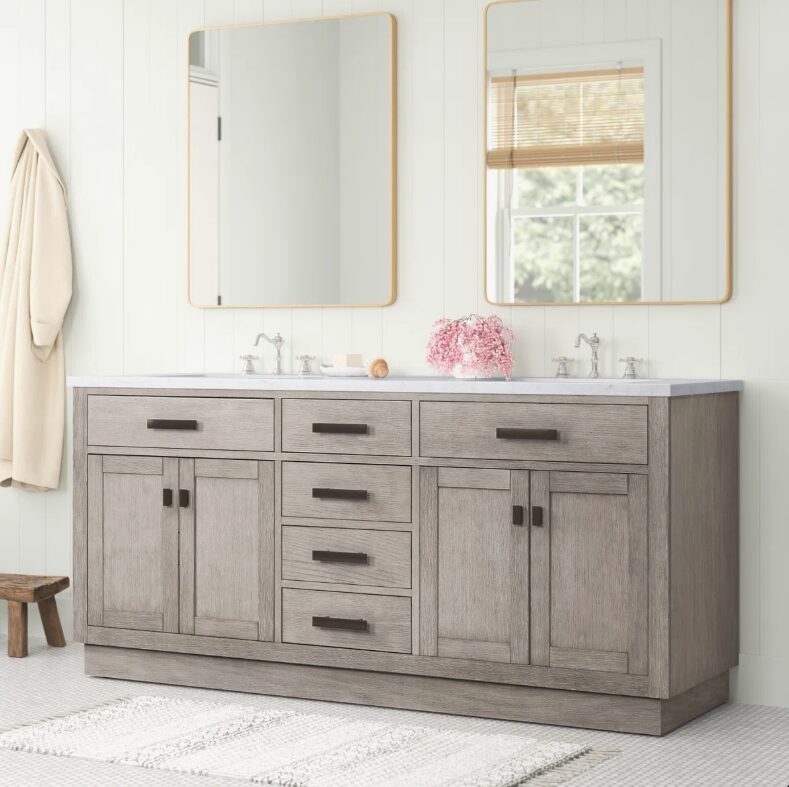 72 Inch Weathered Oak Shaker Double Sink Bathroom Vanity with Carrara White Marble Countertop & Matte Black Hardware
