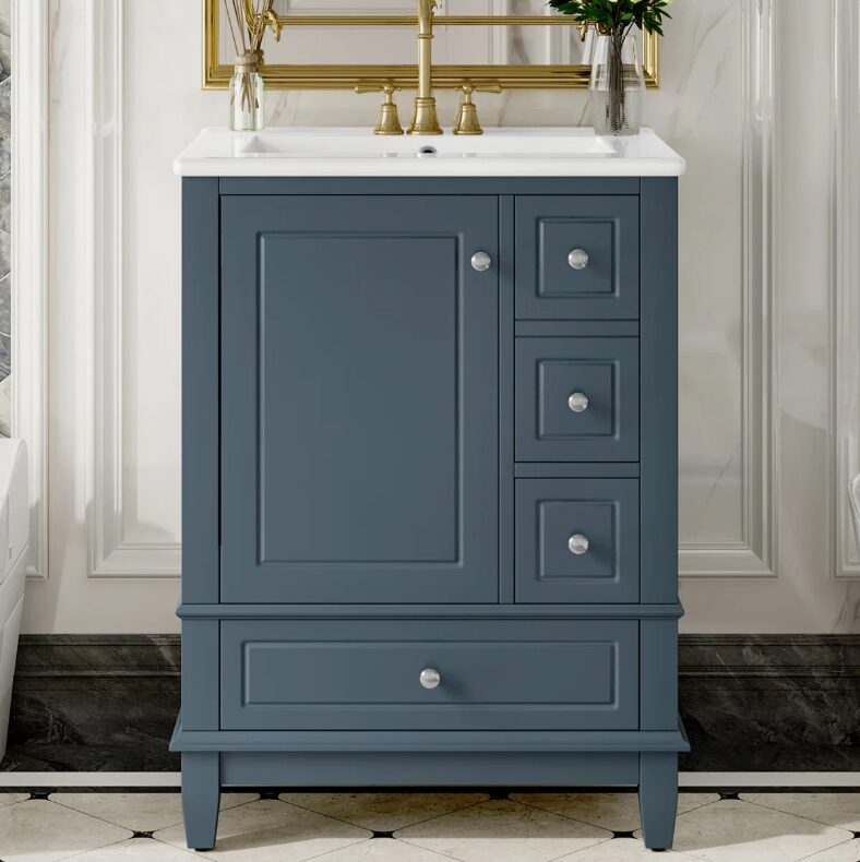 Large Storage Slate Blue Bathroom Vanity with Soft-Close Drawers & Single Storage Door