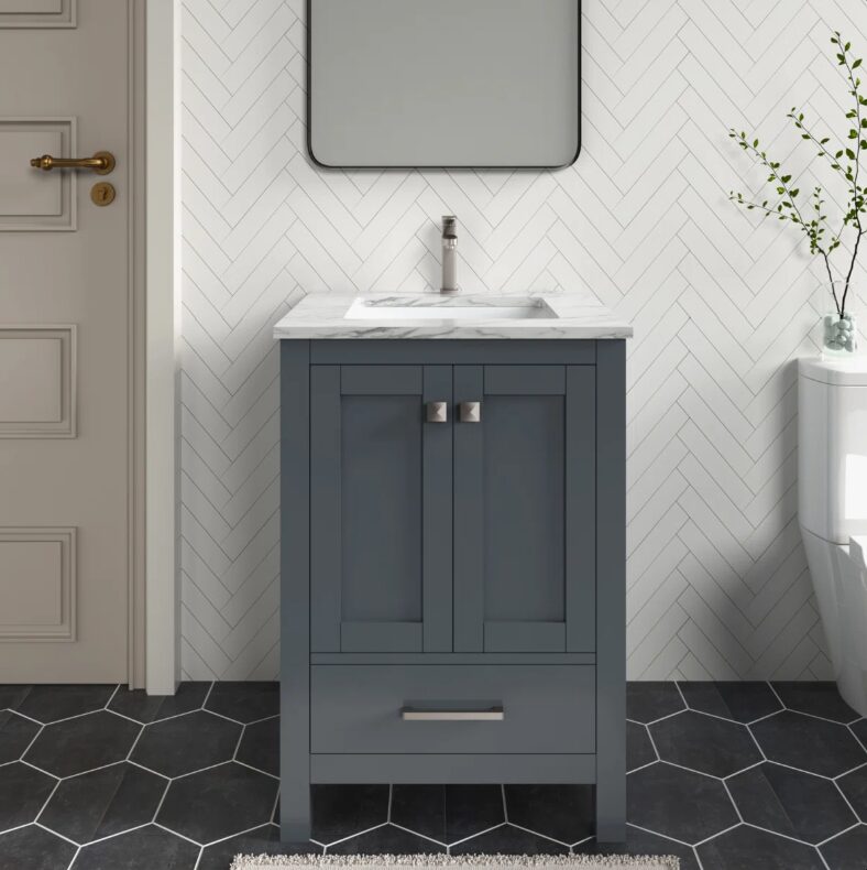 Modern Shaker Dark Gray Bathroom Vanity with Double Doors & Large Wood Storage Drawer