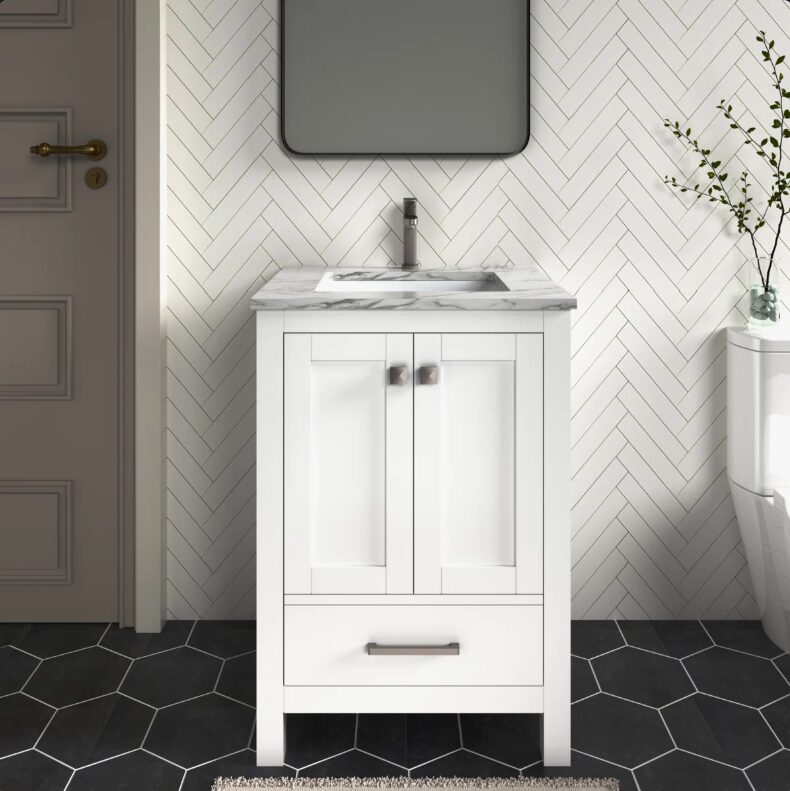 Minimalist White Bathroom Vanity with Double Soft-Close Doors & Large Storage Drawer