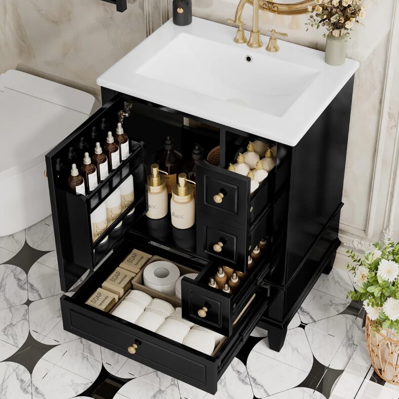 1 Spacious Storage Black Bathroom Vanity with Soft-Close Drawers & Single Cabinet Door