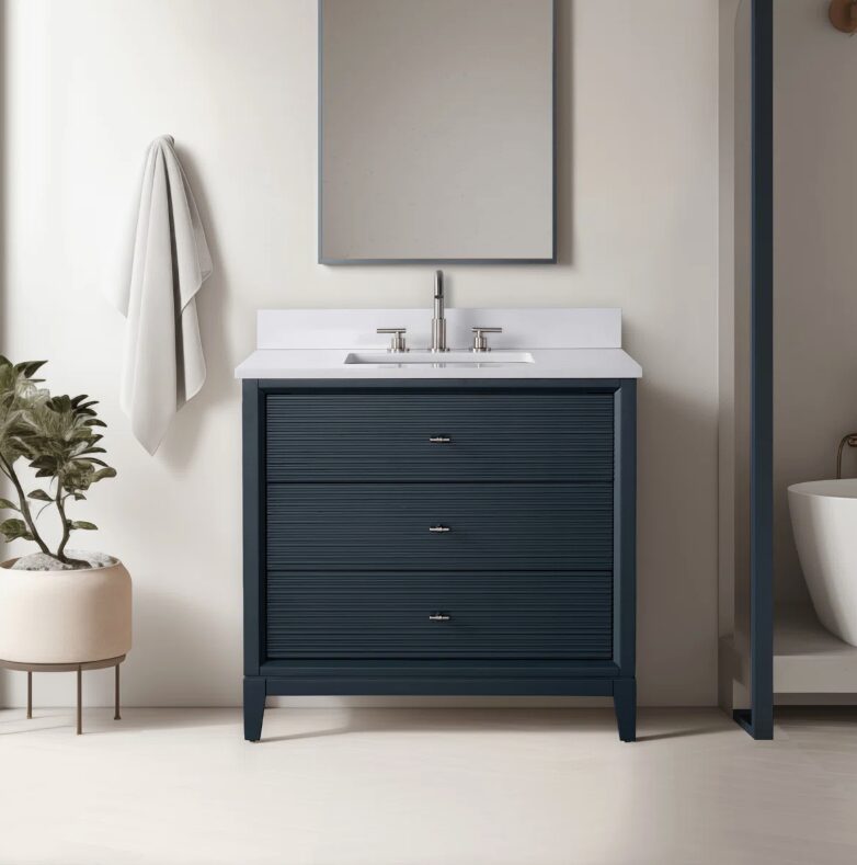 1 Large Storage Fluted Navy Bathroom Vanity with Full Soft-Close Solid Wood Drawers